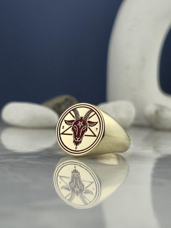 Gold-Plated Baphomet Signet Ring: 925 Silver Occult Jewelry