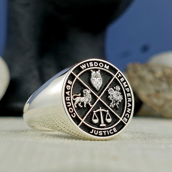 Wisdom Signet Ring: Courage, Temperance, Justice - Sterling Silver or Gold Plated