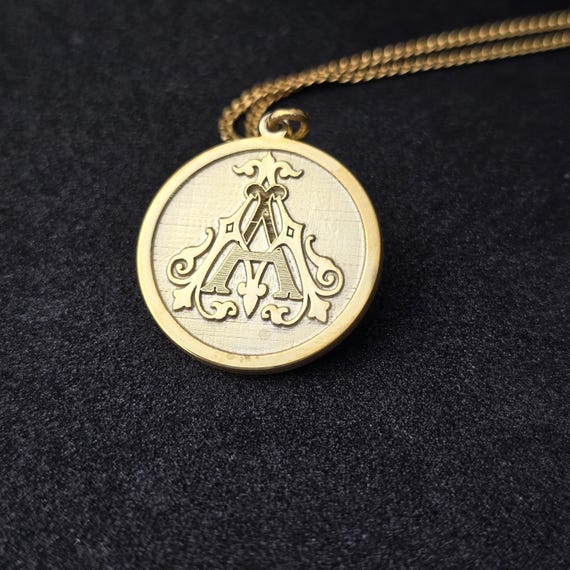 Gold Ave Maria Pendant Necklace: Catholic Virgin Mary Monogram Medallion