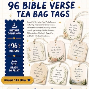 Op de afbeelding: Een digitale collectie van 96 theezakjeslabels met bijbelverzen, florale accenten en inspirerende teksten. De printbare set bevat diverse ontwerpen met touwtjes, waarop teksten staan zoals Be still and know that I am God en His grace is sufficient for you.