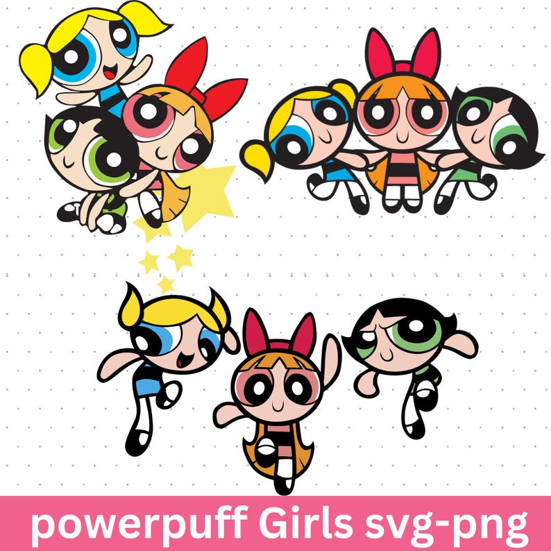 May include: A set of five cartoon illustrations of the Powerpuff Girls. The girls are in various poses, with some holding hands and others standing alone. The girls are all wearing their signature outfits, with Blossom in red, Bubbles in blue, and Buttercup in green. The illustrations are in a cartoon style, with bright colors and simple lines.