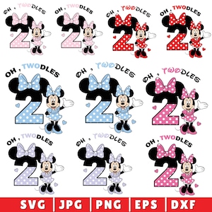 Pode incluir: Nove designs coloridos com o tema Minnie Mouse para um segundo aniversário. Cada design apresenta um grande número "2" com bolinhas, Minnie Mouse e a frase "Oh, Twoodles". Os designs incluem esquemas de cores rosa, vermelho, azul e roxo.