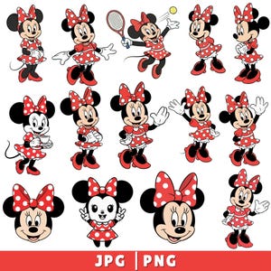 Può includere: Una collezione di illustrazioni di Minnie Mouse in varie pose. Minnie è raffigurata nel suo abito rosso caratteristico con pois bianchi, un fiocco abbinato e scarpe rosse. Alcune immagini la mostrano mentre gioca a tennis o tiene in mano una tazza da tè. La parte inferiore dell'immagine contiene il testo "JPG | PNG".