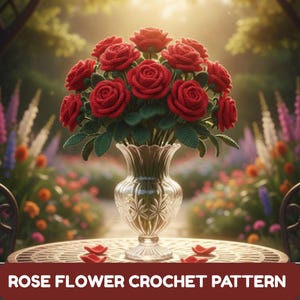 Könnte beinhalten: Ein Strauß aus roten Häkelrosen mit dunkelgrünen Blättern in einer klaren, facettierten Glasvase. Die Vase steht auf einem runden Tisch, und der Text ROSE FLOWER CROCHET PATTERN ist in weißen Buchstaben am unteren Bildrand zu sehen.