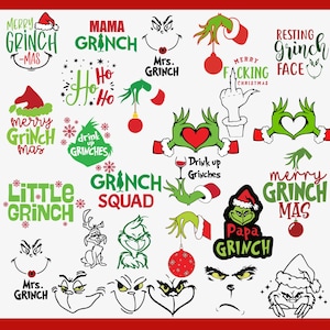 Puede incluir: Una colección de gráficos temáticos del Grinch en verde, rojo y blanco. Los diseños incluyen textos como "Merry Grinchmas", "Grinch Squad" y "Papa Grinch", junto con caras y gestos de manos del Grinch.