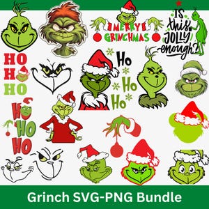 Könnte beinhalten: Eine Sammlung von Grinch-Themen-SVG- und PNG-Grafiken. Die Bilder zeigen den Grinch in verschiedenen Posen, mit Weihnachtsmütze und Ornamenten. Der Text enthält "Merry Grinchmas" und "Is this jolly enough?"