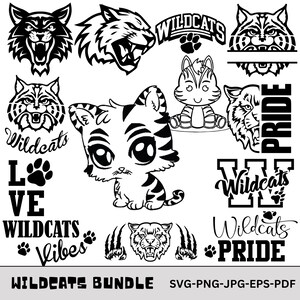 Könnte beinhalten: Eine Sammlung von schwarz-weißen Grafiken zum Thema Wildcats. Die Designs umfassen verschiedene Tiger- und Wildkatzengesichter, Pfotenabdrücke und Textelemente wie "Wildcats", "Pride" und "Love". Das Bundle ist in den Formaten SVG, PNG, JPG und EPS erhältlich.