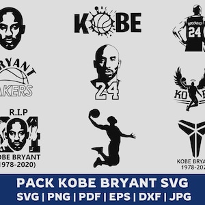 May include: A collection of black and white Kobe Bryant SVG designs. Includes portraits, jersey numbers, and silhouettes, along with the text "Kobe Bryant" and "Lakers". The bottom banner reads "PACK KOBE BRYANT SVG".