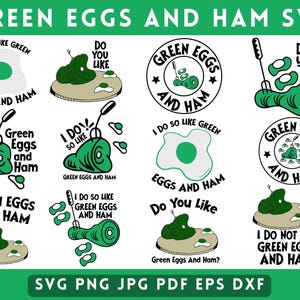 May include: A set of 10 digital cut files featuring various designs with the text "Green Eggs and Ham". The designs include a green egg with a ham inside, a green egg with a ham on top, and a green egg with a ham on the side. The designs are perfect for creating crafts, scrapbooking, and other projects.