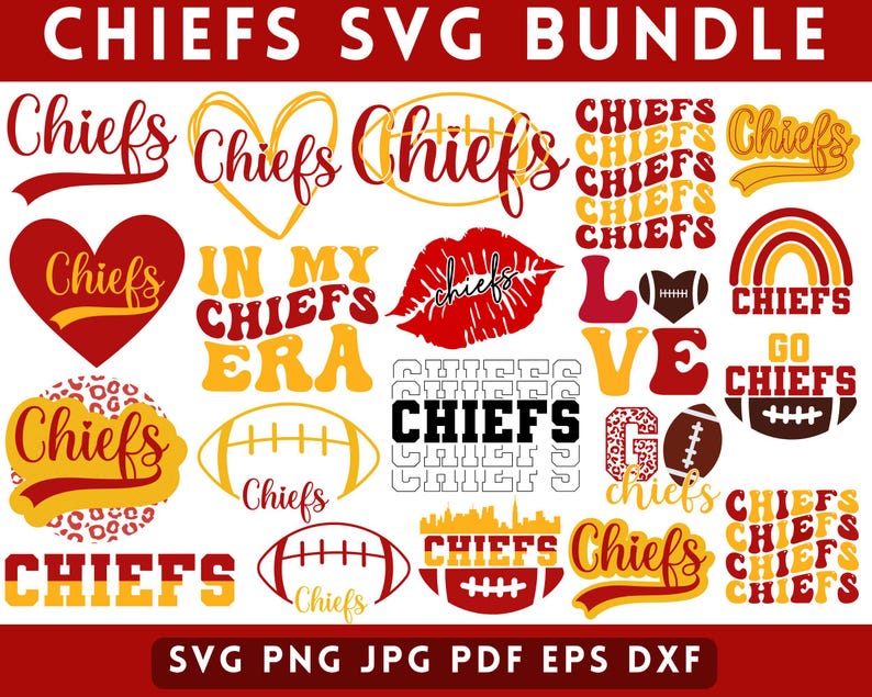 May include: A set of 20 digital cut files featuring various designs related to the Kansas City Chiefs football team. The designs include hearts, footballs, and text in red, yellow, and black.