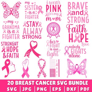 Könnte beinhalten: Eine Sammlung rosa Designs zum Thema Brustkrebs-Aufklärung. Die Designs umfassen Schleifen, Schmetterlinge und Texte wie "Ich trage Pink für meine Mama" und "Niemand kämpft allein". Der Text "20 Breast Cancer SVG Bundle" ist ebenfalls vorhanden.