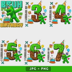 May include: A collection of birthday-themed graphics featuring pixelated characters, numbers, and celebratory elements. The designs include the phrases "BRUH IT'S MY BIRTHDAY" and "I LEVELED UP", along with numbers 3, 4, 5, 6, and 7, cakes, gifts, and balloons.