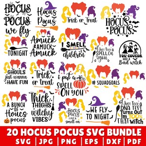 Könnte beinhalten: Eine Sammlung von Halloween-Designs im SVG-Format mit Zitaten und Grafiken aus dem Film "Hocus Pocus". Enthält Hexensilhouetten, Hexenhüte und Sätze wie "I smell children" und "We fly tonight".