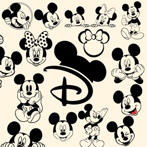 Op de afbeelding: Een verzameling zwart-wit illustraties van Mickey Mouse en Minnie Mouse in verschillende poses. De afbeeldingen bevatten ontwerpen van het hele lichaam en close-ups, waarbij Mickey Mouse knipoogt, lacht en een duim omhoog geeft. Het Disney-logo is ook te zien.