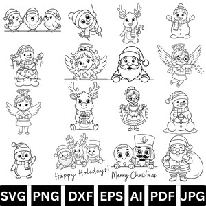 May include: Black and white Christmas-themed digital illustrations featuring various characters like snowmen, angels, Santa Claus, reindeer, and penguins. The phrase "Happy Holidays!" and "Merry Christmas" are also included. Formats include SVG, PNG, DXF, EPS, AI, PDF, and JPG.