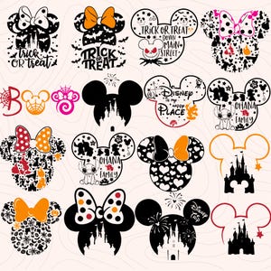 Könnte beinhalten: Eine Sammlung von Mickey Mouse Kopf-Silhouetten mit verschiedenen Designs. Einige zeigen Schleifen, Halloween-Motive und Texte wie "Trick or Treat" und "Disney Trip". Die Farbpalette umfasst Schwarz, Orange und Pink.