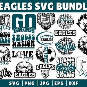 May include: A digital download bundle of 18 SVG files featuring various designs with the word "Eagles" in different styles and colors. The designs include a football, a soccer ball, and a variety of graphic elements. The designs are perfect for creating custom apparel, crafts, and more.