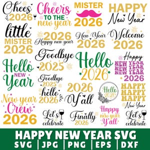 Könnte beinhalten: Eine Sammlung von Neujahrsgrafiken in verschiedenen Schriftarten und Farben, darunter "Cheers to the New Year 2026", "Happy New Year" und "Hello 2026". Das Design enthält auch eine rosa Schnurrbart-Grafik.