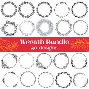 Könnte beinhalten: Ein Set mit 30 schwarzen und weißen Kranzdesigns. Die Kränze bestehen aus verschiedenen floralen und blattförmigen Elementen. Der Text "Wreath Bundle 30 designs" wird auf einem roten Banner angezeigt.
