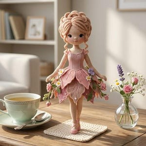 Puede incluir: Muñeca de ganchillo hecha a mano con un vestido rosa y una falda con forma de hoja, de pie sobre una pequeña alfombra cuadrada. La muñeca tiene el pelo castaño claro y está decorada con flores. Una taza de té y un jarrón de flores están sobre la mesa.