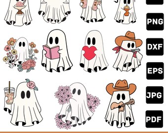 Può includere: Una collezione di simpatici disegni di fantasmi in formato SVG. Ogni fantasma è raffigurato in uno stile unico, con oggetti come fiori, bevande e libri. Il testo "CUTE GHOST SVG BUNDLE 20 DESIGNS" è in basso.