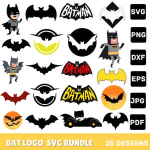 Könnte beinhalten: Eine Sammlung von 25 Batman-Designs im SVG-Format. Die Bilder zeigen verschiedene Fledermaus-Logos, die Batman-Figur und das Wort "Batman" in verschiedenen Schriftarten und Farben. Dateitypen sind SVG, PNG, DXF, EPS, JPG und PDF.