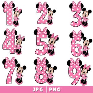 Könnte beinhalten: Rosa gepunktete Zahlen 1 bis 9 mit Minnie Mouse-Illustrationen. Jede Zahl hat eine Schleife und wird von einer Minnie Mouse-Figur in passendem Outfit begleitet. Das Bild hat einen weißen Hintergrund.