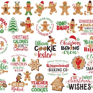 Könnte beinhalten: Eine Sammlung von Designs zum Thema Lebkuchen, darunter Lebkuchenmänner, Weihnachtsbäume und verschiedene Textelemente. Die Designs verwenden festliche Farben wie Rot, Grün und Braun, perfekt für Weihnachts-Bastelarbeiten und Dekorationen.