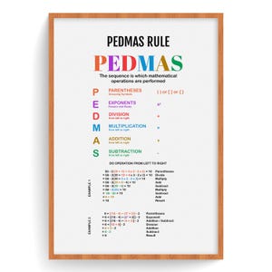 May include: A colourful chart explaining the order of operations in maths using the acronym PEDMAS. The chart includes the symbols for each operation and examples of how to solve maths problems using the PEDMAS rule.