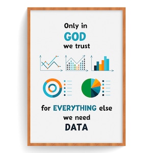 Może przedstawiać: Oprawiony wydruk z białym tłem i brązową drewnianą ramą. Wydruk zawiera tekst "Only in GOD we trust" w kolorze czarnym i niebieskim, a także kolorowe wykresy i tekst "for EVERYTHING else we need DATA".