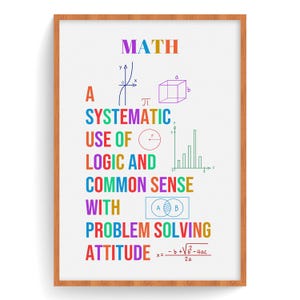 Puede incluir: Un póster colorido con la palabra "MATH" en letras grandes. El póster define las matemáticas como un "uso sistemático de la lógica y el sentido común con una actitud de resolución de problemas". El póster incluye varios símbolos y diagramas matemáticos, como una gráfica, un cubo, un círculo y un diagrama de Venn.
