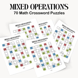 May include: A collection of printed pages titled MIXED OPERATIONS 70 Math Crossword Puzzles. Each page features a grid-based math crossword with blue, red, and green boxes containing numbers and operation symbols, alongside small car illustrations.