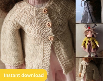 Doll Cardigan Knitting Pattern | Waldorf Style | For Natural Fiber Art Doll | Ribbed Yoke | Ella's Cardigan by Fig and Me | Instant Download