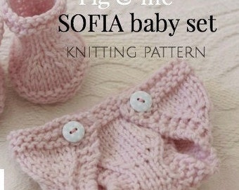 PDF Knitting Pattern, Doll Clothing, Baby Doll Clothes, Waldorf Style Doll clothing patterns, Diaper and Boots, Sofia Baby Set by Fig and Me