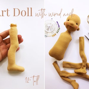 May include: A 12-inch tall art doll with a wired neck. The doll is made of beige fabric and is in various stages of assembly. The doll's head, body, and limbs are separate pieces.
