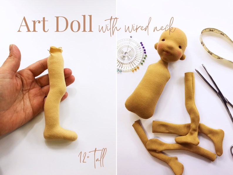 May include: A 12-inch tall art doll with a wired neck. The doll is made of beige fabric and is in various stages of assembly. The doll's head, body, and limbs are separate pieces.