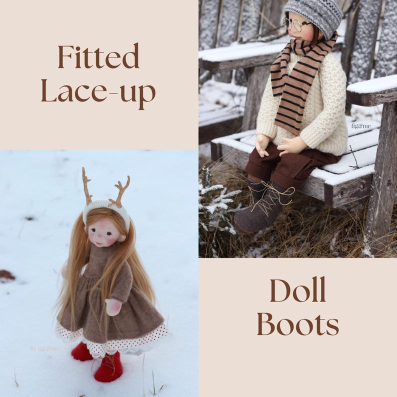K&ouml;nnte beinhalten: Zwei Puppen, die braune Stiefel tragen. Eine Puppe tr&auml;gt ein braunes Kleid mit einer wei&szlig;en Spitzenborte und ein Rentier-Stirnband. Die andere Puppe tr&auml;gt einen braunen Pullover, eine braune Hose und einen gestreiften Schal. Der Text "Fitted Lace-up Doll Boots" ist im Bild sichtbar.