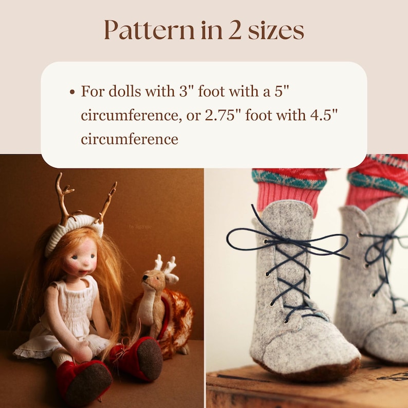 K&ouml;nnte beinhalten: Ein Schnittmuster f&uuml;r die Herstellung von Puppen-Stiefeln in zwei Gr&ouml;&szlig;en: 7,6 cm mit einem Umfang von 12,7 cm oder 7 cm mit einem Umfang von 11,4 cm. Das Bild zeigt ein Paar graue Filzstiefel mit schwarzen Schn&uuml;rsenkeln auf einer Holzoberfl&auml;che.