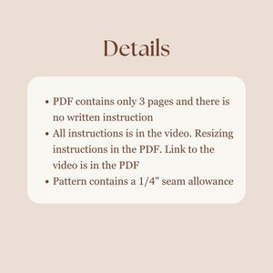 K&ouml;nnte beinhalten: Details zu einem digitalen Schnittmuster. Das Schnittmuster umfasst 3 Seiten und ein Video-Tutorial. Die Anweisungen befinden sich im Video, und das Schnittmuster beinhaltet eine Nahtzugabe von 6,35 mm.