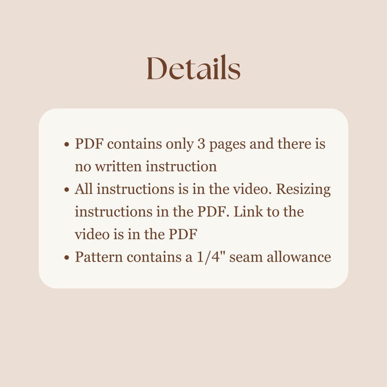 K&ouml;nnte beinhalten: Details zu einem digitalen Schnittmuster. Das Schnittmuster umfasst 3 Seiten und ein Video-Tutorial. Die Anweisungen befinden sich im Video, und das Schnittmuster beinhaltet eine Nahtzugabe von 6,35 mm.