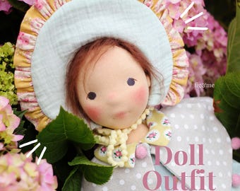 Art Doll Kleidung Tutorials | Bundle aus 4-stufigem Kleid, Bonnet und Kugelumhang, für Puppen im Waldorfstil, Cottagecore ästhetik