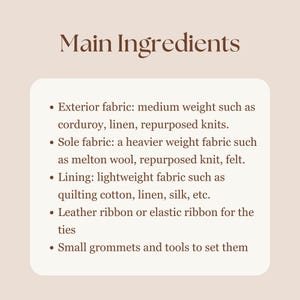 K&ouml;nnte beinhalten: Eine Liste der Materialien, die f&uuml;r die Herstellung eines Paar Hausschuhe ben&ouml;tigt werden. Die Liste umfasst Obermaterial, Sohlenmaterial, Futter, Leder- oder Gummiband und kleine &Ouml;sen und Werkzeuge.