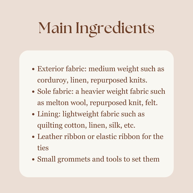 K&ouml;nnte beinhalten: Eine Liste der Materialien, die f&uuml;r die Herstellung eines Paar Hausschuhe ben&ouml;tigt werden. Die Liste umfasst Obermaterial, Sohlenmaterial, Futter, Leder- oder Gummiband und kleine &Ouml;sen und Werkzeuge.