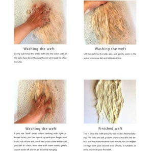 May include: A step-by-step guide on how to wash and prepare a weft of hair for doll making. The images show the process of soaking, rinsing, and drying the weft. The text in the images provides instructions for each step.