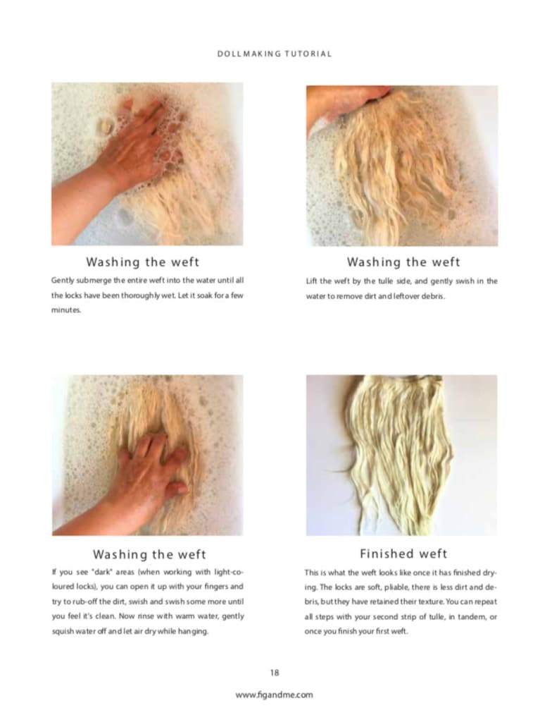 May include: A step-by-step guide on how to wash and prepare a weft of hair for doll making. The images show the process of soaking, rinsing, and drying the weft. The text in the images provides instructions for each step.