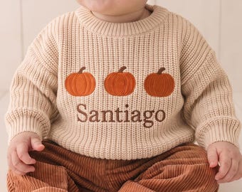 Personalized Pumpkin Baby Sweater, Custom Name Fall Outfit, First Thanksgiving Knit Jumper, Autumn Toddler Clothes, Custom Baby Gift