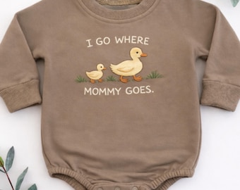 Embroidered Mama Duck Baby Romper, Cotton Stretchy Bodysuit, Unisex Sage Green Outfit