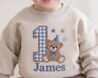 Embroidered Beary First Birthday Sweatshirt, Gingham Applique Bear 1st Birthday, Any Age Teddy Bear Birthday Outfit, Mommy and Me