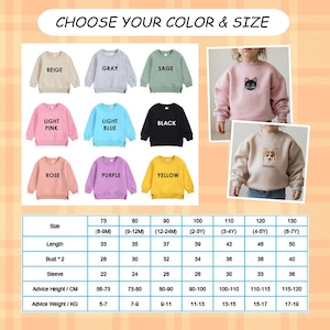 May include: Children's sweatshirts in beige, grey, sage, light pink, light blue, black, rose, purple, and yellow. The image includes a size chart with measurements in cm and a pink sweatshirt with a cat embroidery.