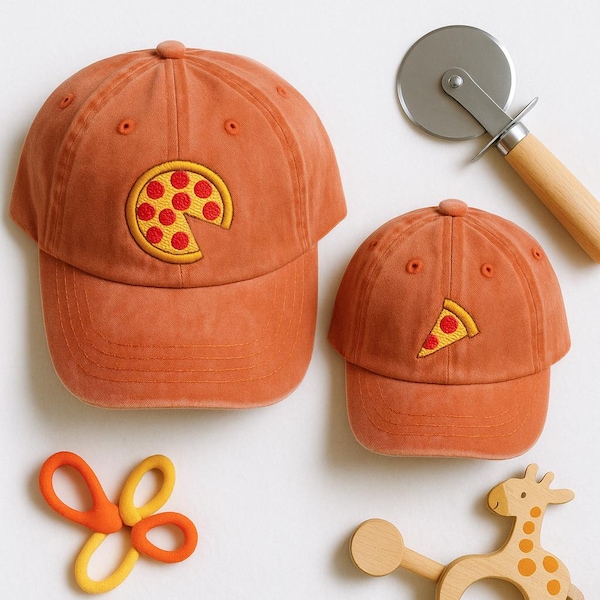 Matching Pizza Hat Set for Parent and Child, Embroidered Pizza Slice and Whole Pie Hats, Funny Foodie Family Cap Set, Dad and Kid Gift